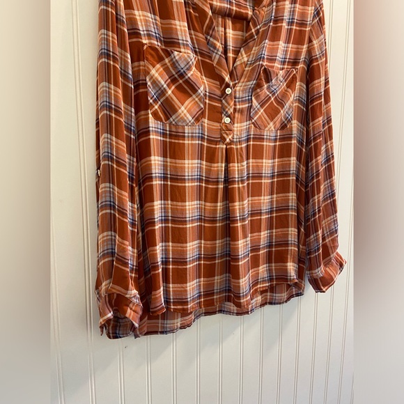 Joie Silk Burnt Orange Plaid V Neck Collarless Blouse Button Cuff Long Sleeve S - Picture 4 of 10